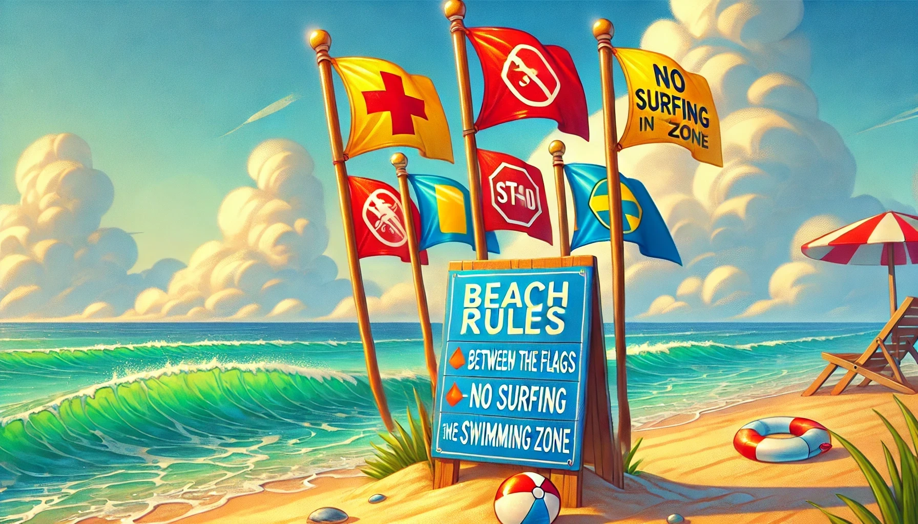 Colored flags and a sign with beach rules, emphasizing the importance of following guidelines