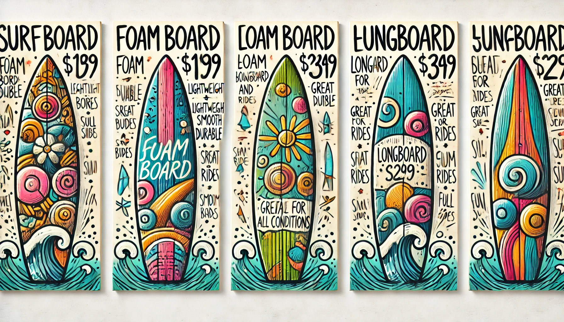 Surfboards displayed with price tags, showcasing a range of affordable to mid-range options, ideal for beginners