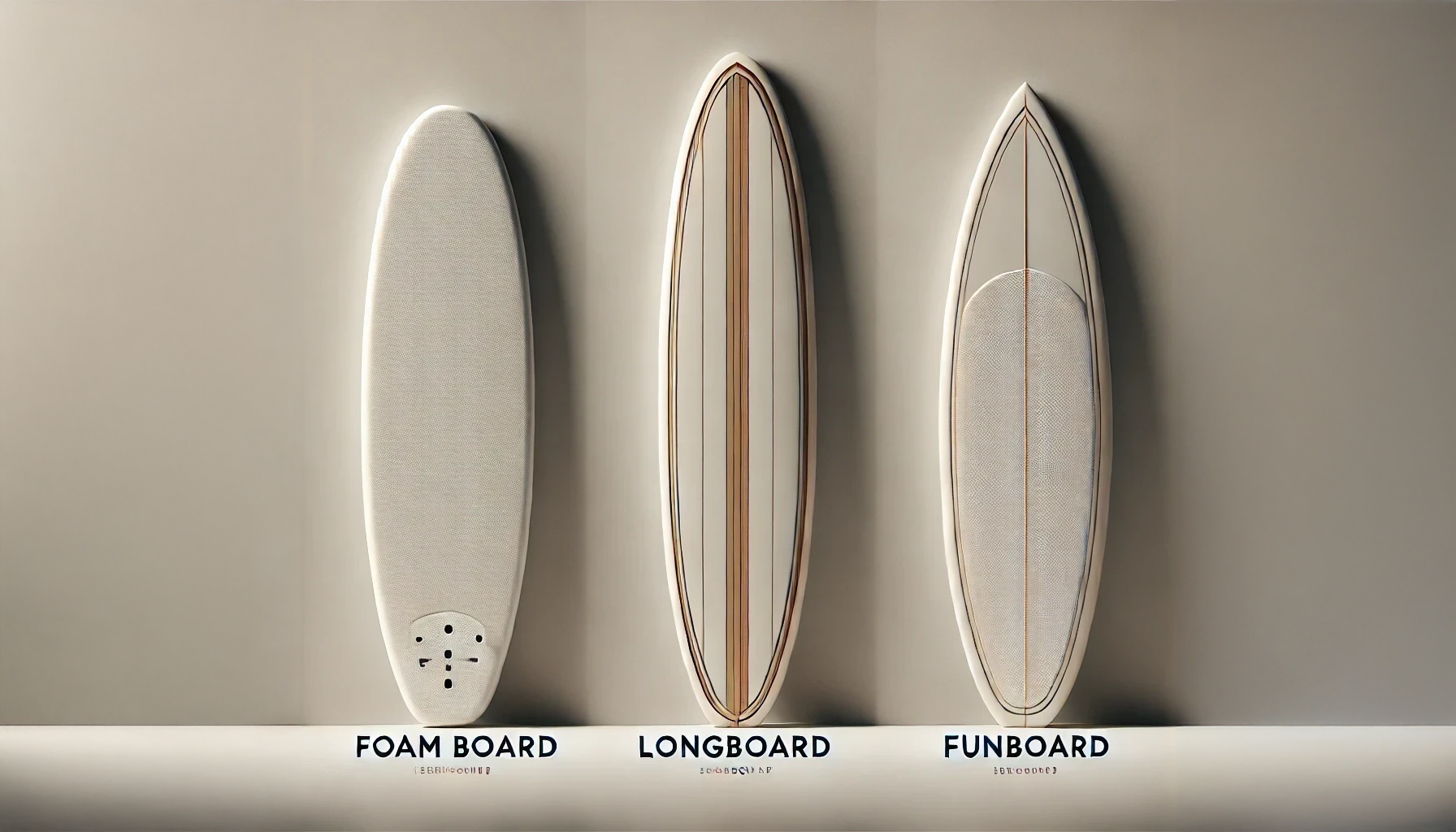 Side-by-side images of foam boards, longboards, and funboards, with labels describing each type