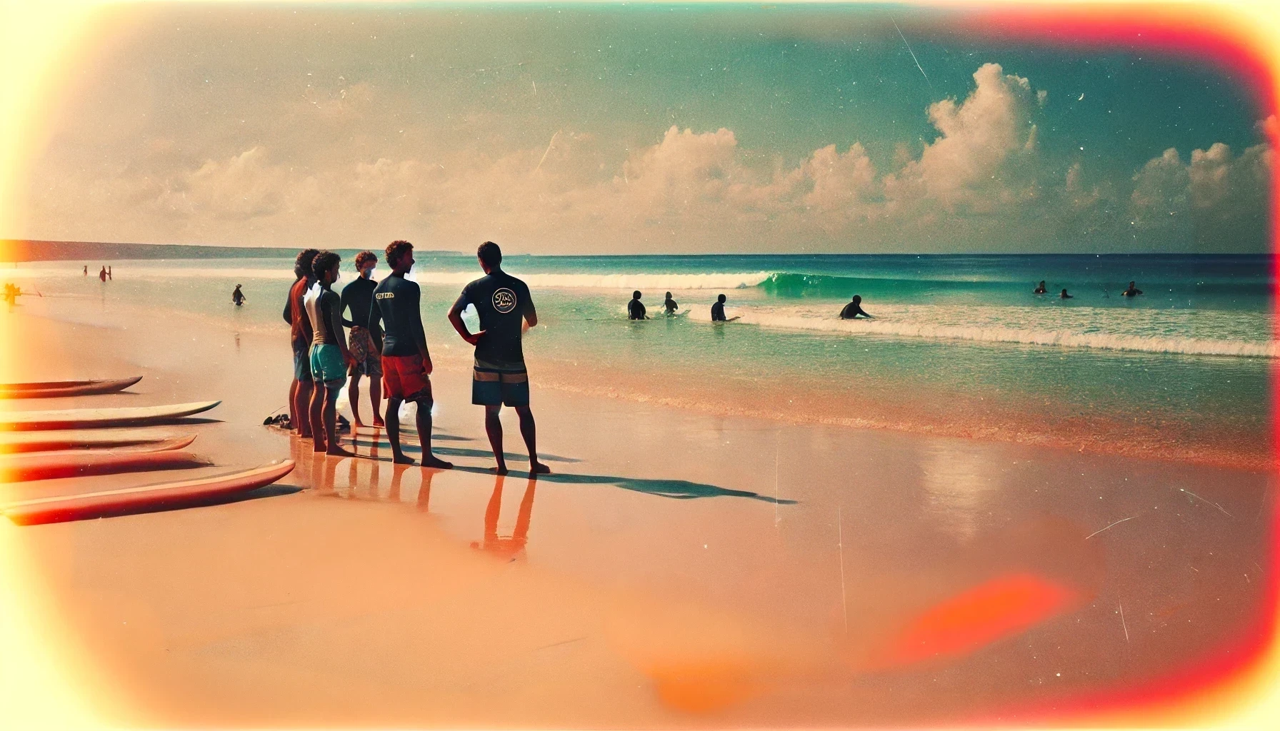 A calm ocean with small waves and beginner surfers with an instructor