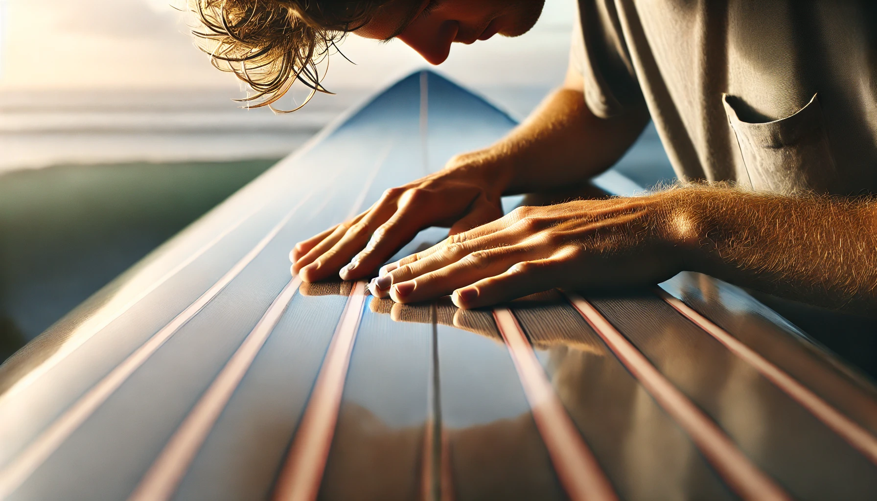 A close-up shot of a person checking a surfboard for any damage, with attention on fins and surface quality