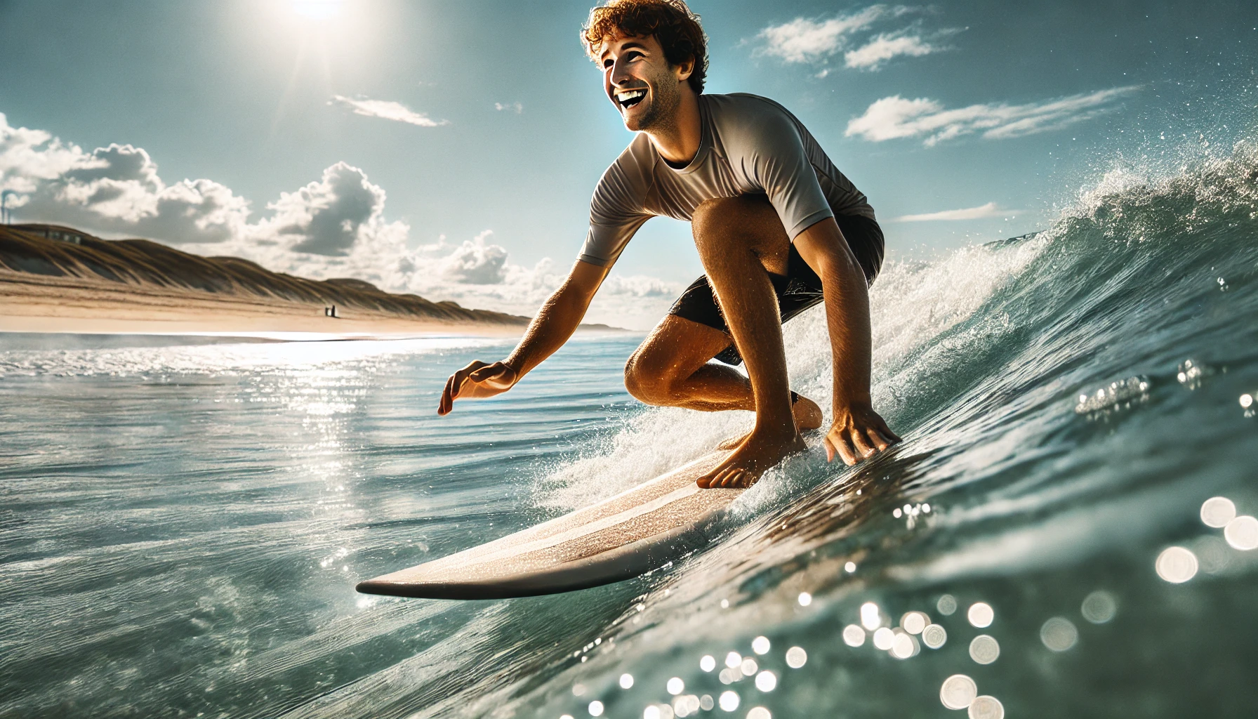 A beginner surfer catching their first wave with joy