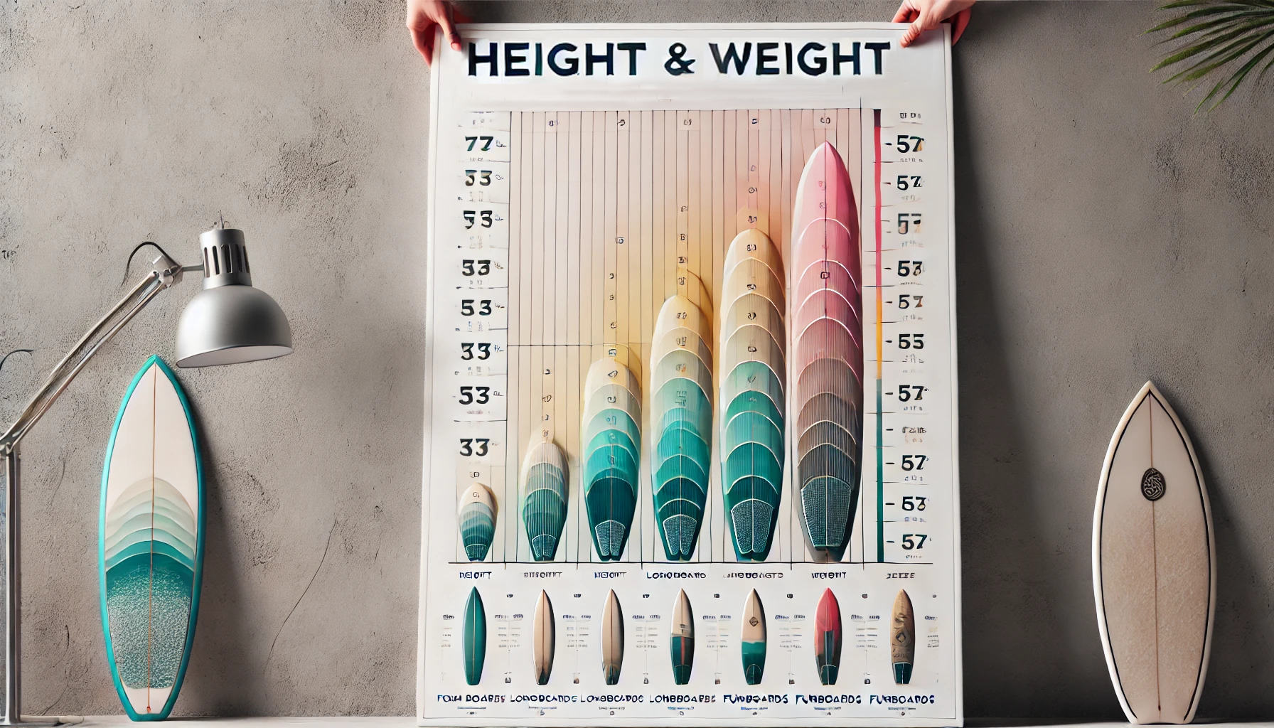 Diagram showing the relationship between a person’s height/weight and different board sizes for optimal stability