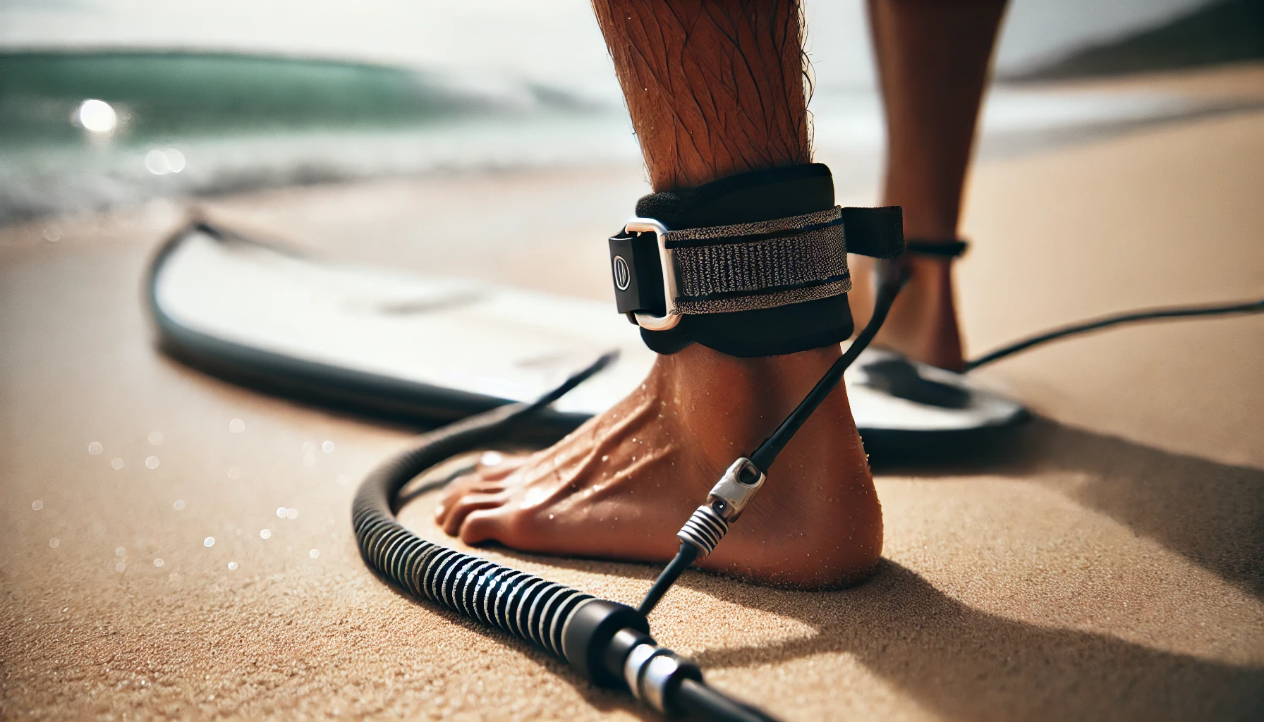 A close-up shot of a leash attached to a surfer's ankle, emphasizing safety gear