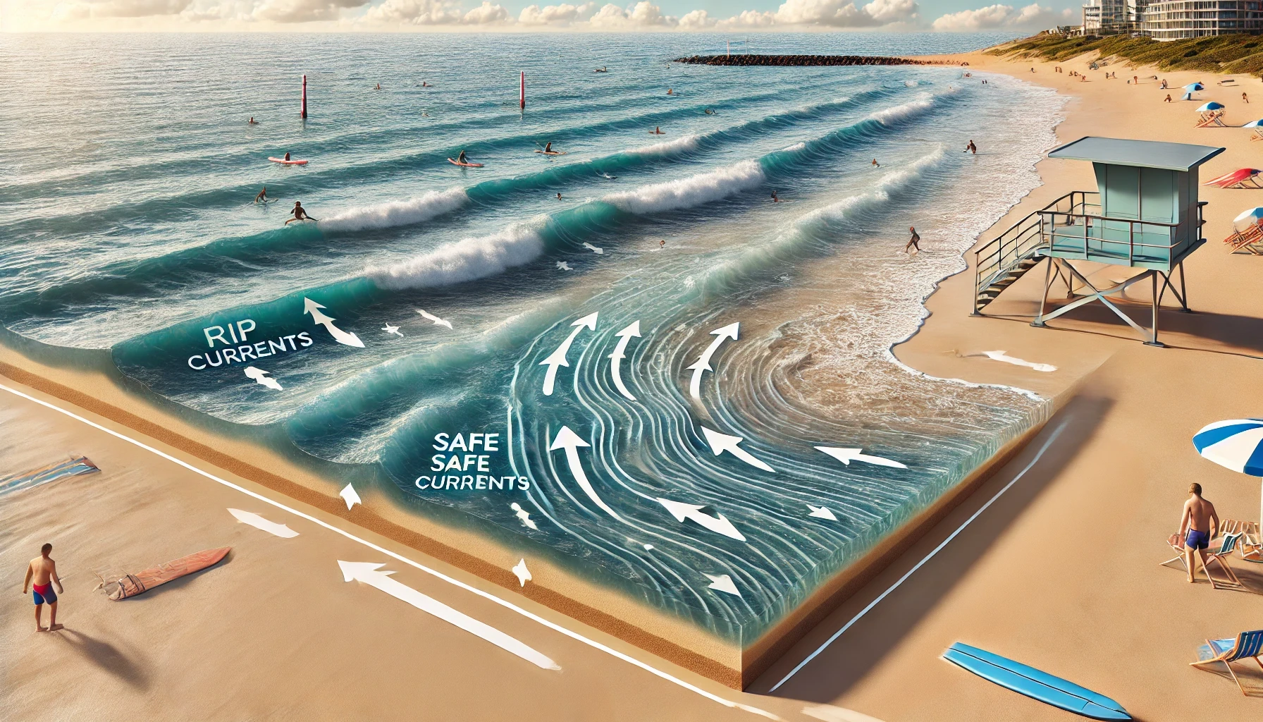 A diagram showing a rip current and safe ways to escape it, with arrows indicating the direction to swim