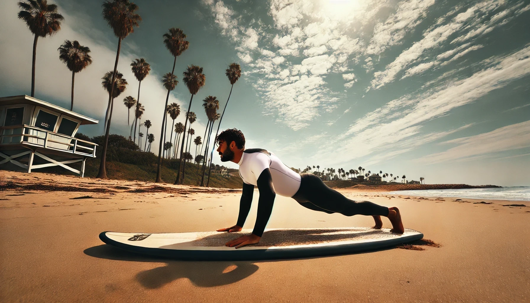 A surfer practicing the standing technique on the sand, looking focused