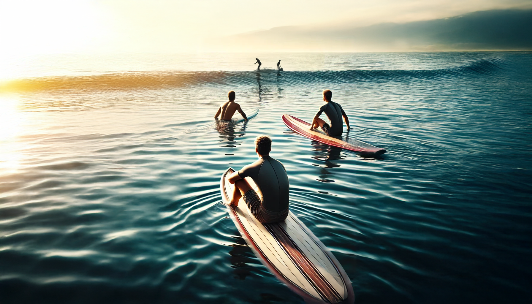 Surfers maintaining safe distances from each other in the water, with a focus on friendly interaction